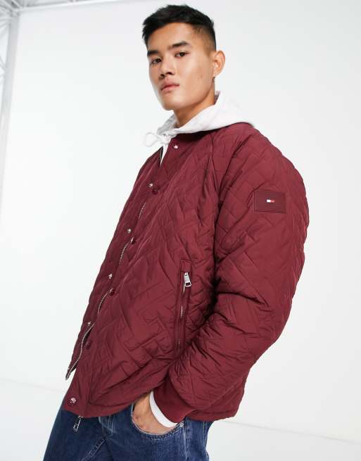 Tommy Hilfiger monogram quilted bomber jacket in burgundy | ASOS