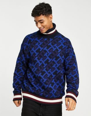 Tommy Hilfiger monogram tipped roll neck cotton knit jumper in navy