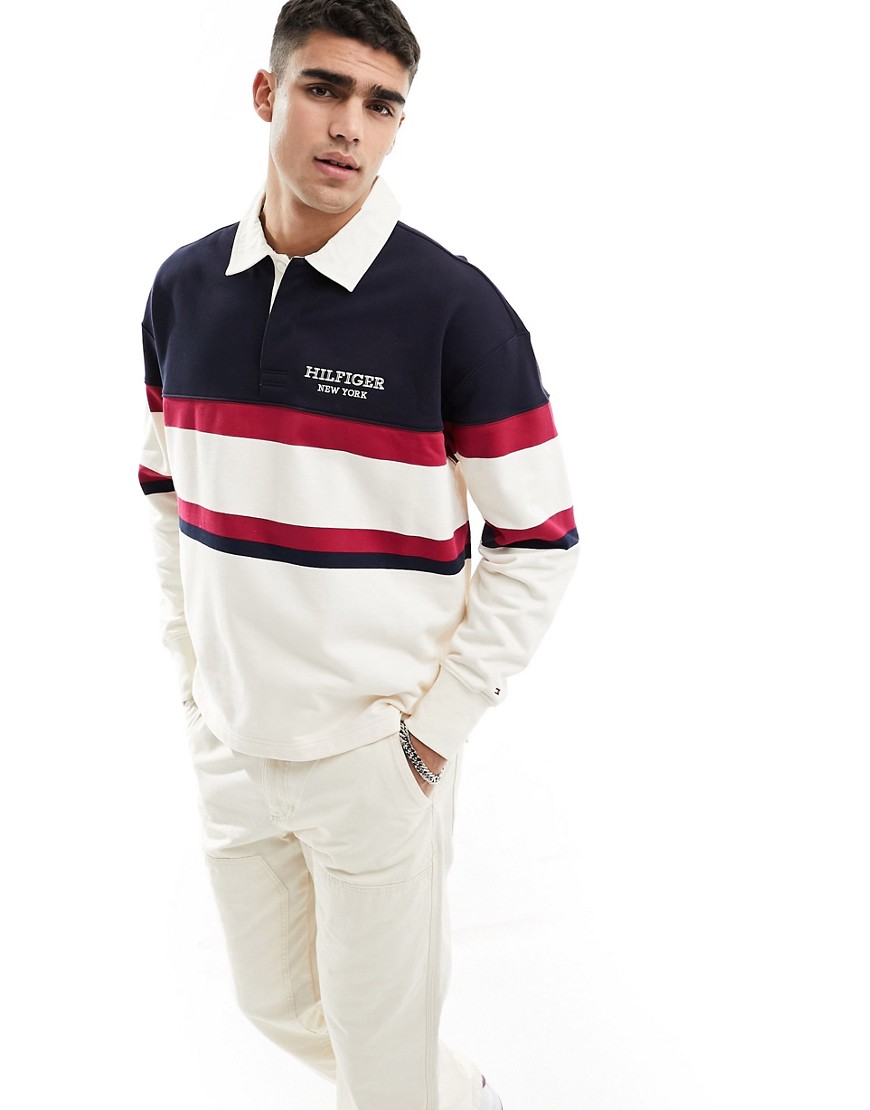 Tommy Hilfiger monotype colourblock rugby shirt in cream-White