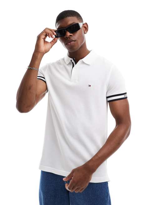 Tommy Hilfiger – Monotype – Dopasowana biała koszulka polo z mankietami z logo