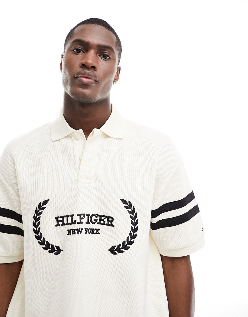 Tommy Hilfiger monotype placement archive polo shirt in cream-White