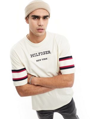 Tommy Hilfiger monotype sleeve colourblock t-shirt in cream - ASOS Price Checker