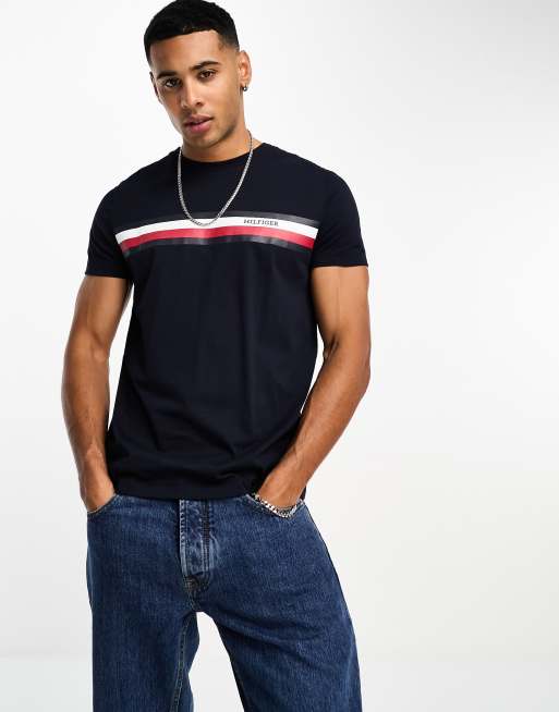 Tommy Hilfiger - Monotype - T-shirt blu con righe del logo