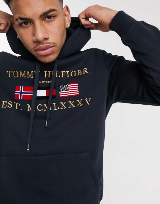 Tommy Hilfiger multi flag logo ASOS hoodie in navy 