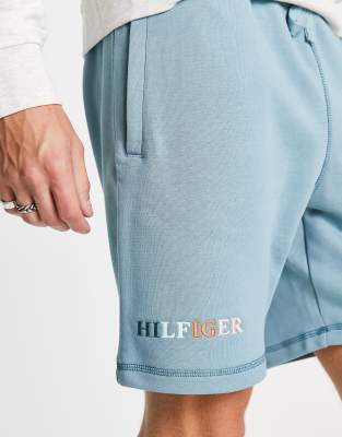 Tommy Hilfiger Tommy Hilfiger multi logo sweat shorts in light blue