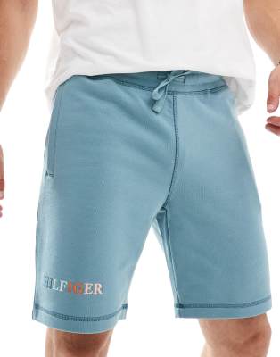 Tommy Hilfiger Multi Logo Sweat Shorts In Light Blue