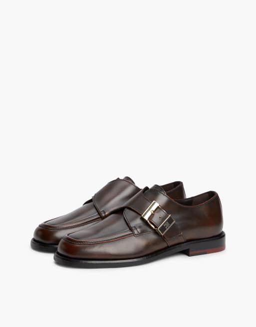 Tommy Hilfiger New york label leather buckle moc toe loafers in dark brown, 2 of 7
