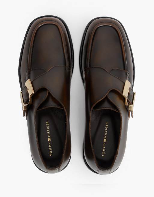 Tommy Hilfiger New york label leather buckle moc toe loafers in dark brown, 3 of 7