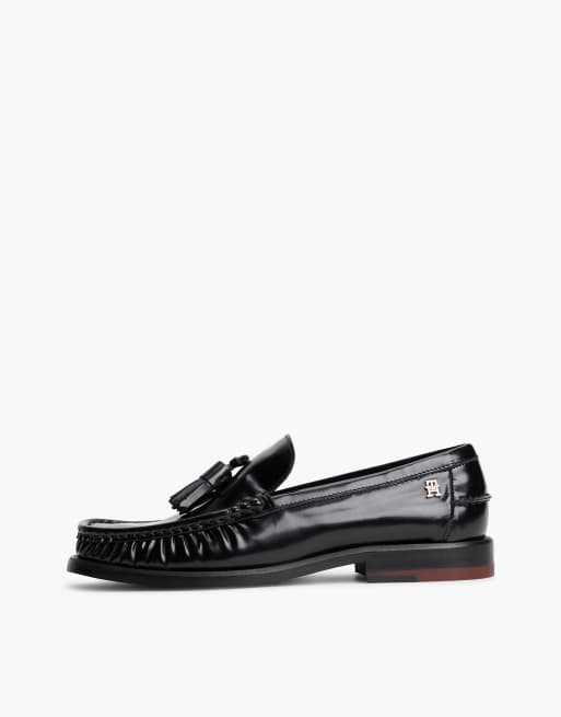 Tommy Hilfiger New york label shiny leather tassel loafers in black, 7 of 7