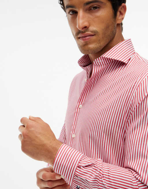 Tommy Hilfiger New york label slim fit flex collar shirt in medium red/white, 3 of 6
