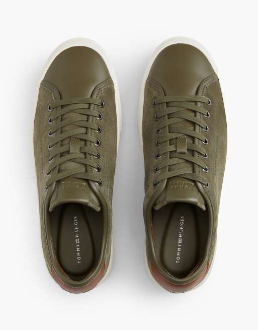 Tommy Hilfiger New york label suede contrast heel trainers in khaki, 3 of 7