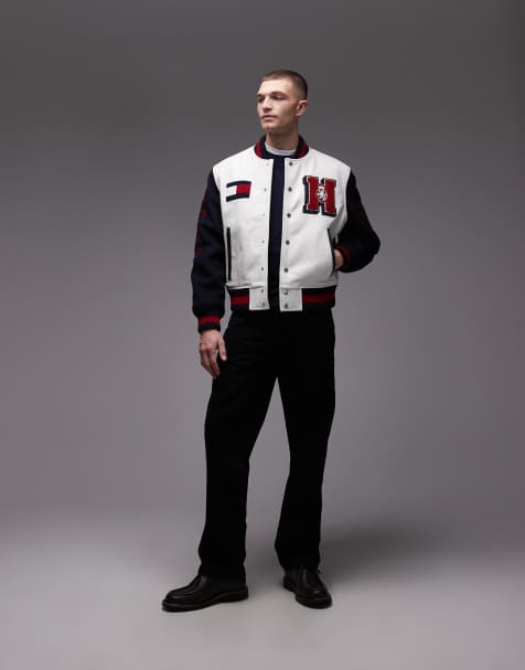 Tommy Hilfiger NYC varsity leather Racing jacket in white and navy - view 1