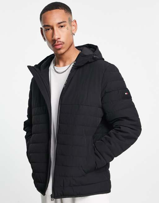 Tommy Hilfiger nylon blend stretch hooded puffer jacket in black BLACK