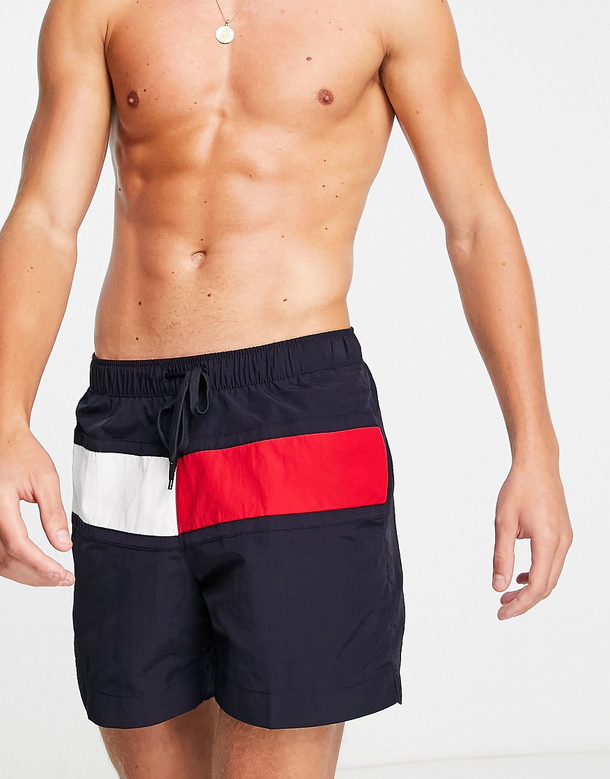Tommy Hilfiger nylon central flag logo print swim shorts in navy