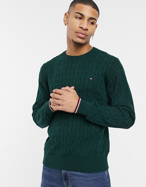 Tommy Hilfiger organic cotton cable crew neck jumper in green