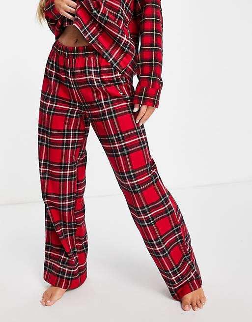 Tommy Hilfiger organic cotton flannel revere long pajama set in red check  print | ASOS