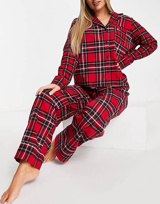 Tommy Hilfiger organic cotton flannel revere long pyjama set in red check print