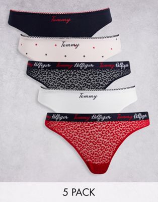 Tommy Hilfiger cotton lace and print mix thong 5 pack in multicolour - MULTI