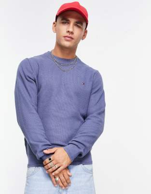 Tommy Hilfiger orgnic cotton flag logo basket weave knit jumper in blue