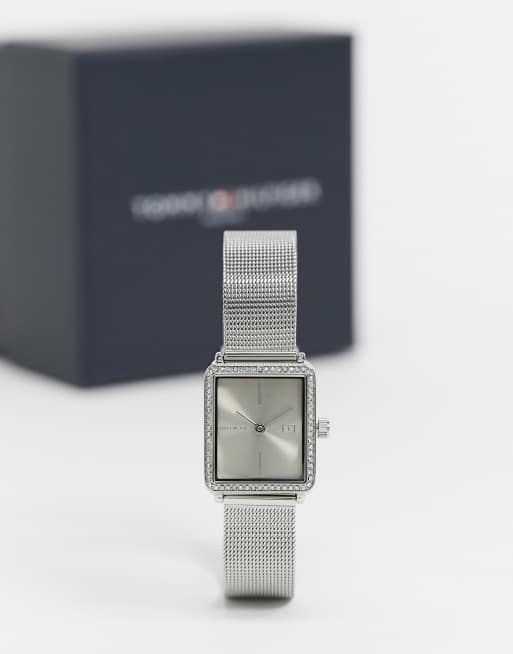 Tommy Hilfiger - Orologio squadrato con cinturino in maglia color argento 1782294
