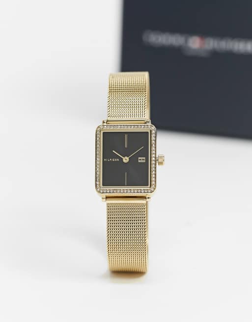 Tommy Hilfiger - Orologio squadrato con cinturino in maglia color oro 1782295