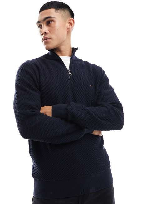 Tommy Hilfiger oval structure zip mock neck jumper in navy