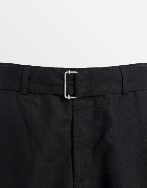 Tommy Hilfiger - Pantaloncini comodi in misto lino a pieghe neri con cintura, 9 di 9