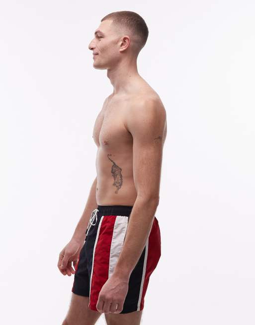 Tommy Hilfiger - Pantaloncini da bagno colorblock blu navy e rossi con coulisse, 3 di 5