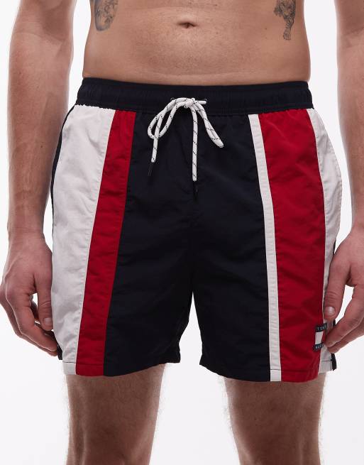 Tommy Hilfiger - Pantaloncini da bagno colorblock blu navy e rossi con coulisse, 5 di 5