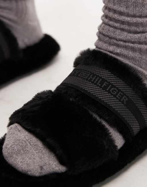 Tommy Hilfiger - Pantofole in pelliccia sintetica nere, 4 di 4