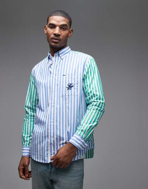 Tommy Hilfiger paper touch shirt in green & blue stripe - view 1