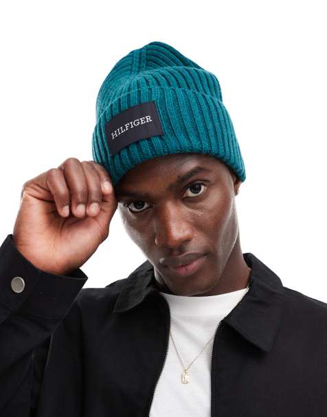 Tommy Hilfiger patch logo ribbed beanie in teal - view 1