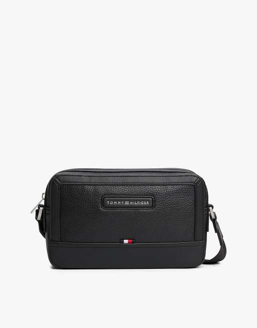 Tommy Hilfiger Pebble grain logo crossbody reporter bag in black