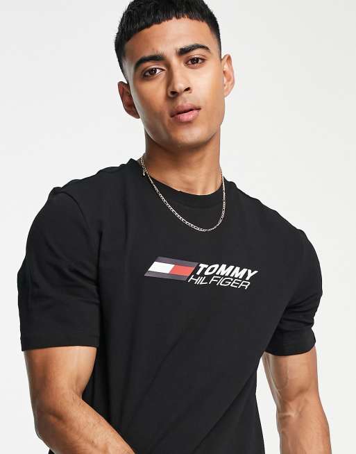 Tommy Hilfiger Performance essentials cotton big logo t shirt in black BLACK