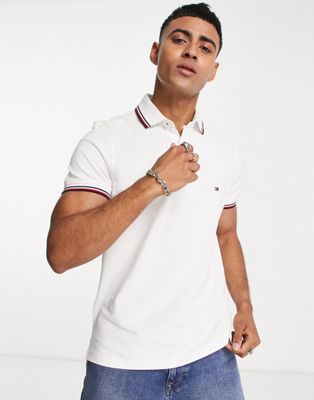 Tommy Hilfiger flag logo contrast tipped collar pique polo regular fit in white - ASOS Price Checker