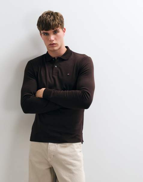 Tommy Hilfiger pikétröja med långa ärmar och flaggdetalj i brunt - view 1