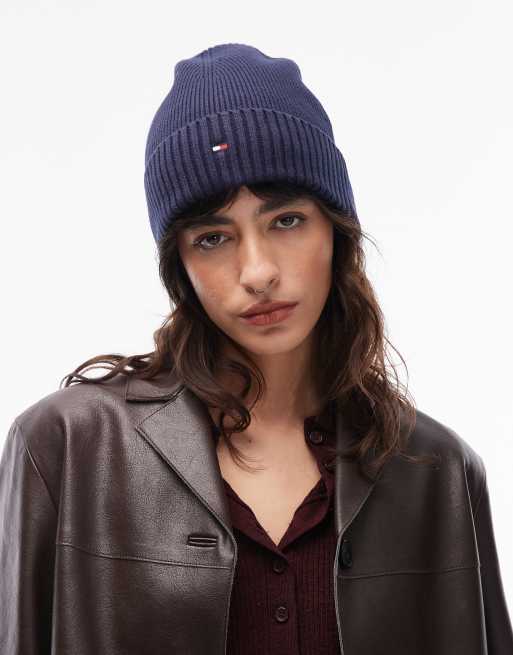 Tommy Hilfiger pima cotton blend flag beanie in navy