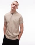 [Tommy Hilfiger] Tommy Hilfiger pique zip polo shirt in beige-Neutral M Sandalwood