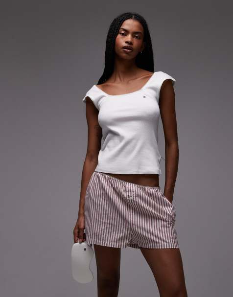 Tommy Hilfiger pointelle pyjama top and shorts gift set with eye mask in white and red - view 1