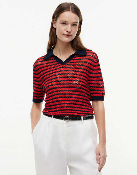 Tommy Hilfiger Pointelle Relaxed kurzärmliger Polo-Pullover in Rot-Multicolor - view 1