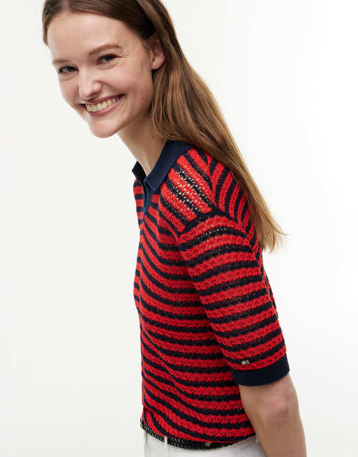 Tommy Hilfiger Pointelle Relaxed kurzärmliger Polo-Pullover in Rot-Multicolor, 3 von 6