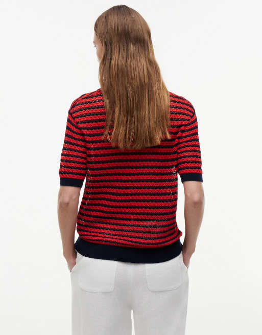 Tommy Hilfiger Pointelle Relaxed kurzärmliger Polo-Pullover in Rot-Multicolor, 4 von 6