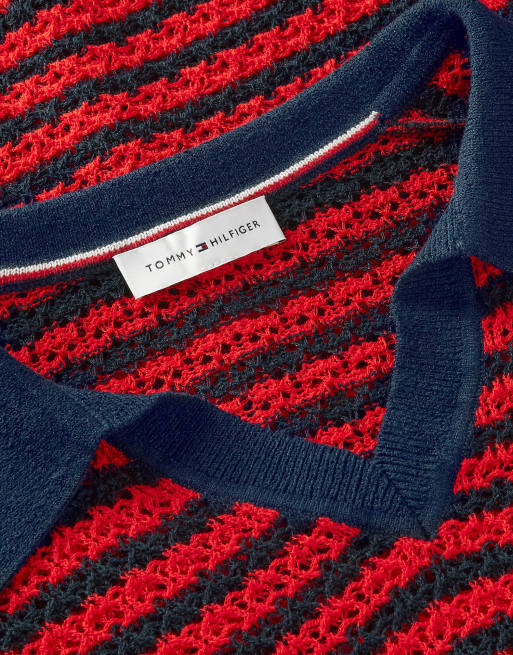 Tommy Hilfiger Pointelle Relaxed kurzärmliger Polo-Pullover in Rot-Multicolor, 6 von 6