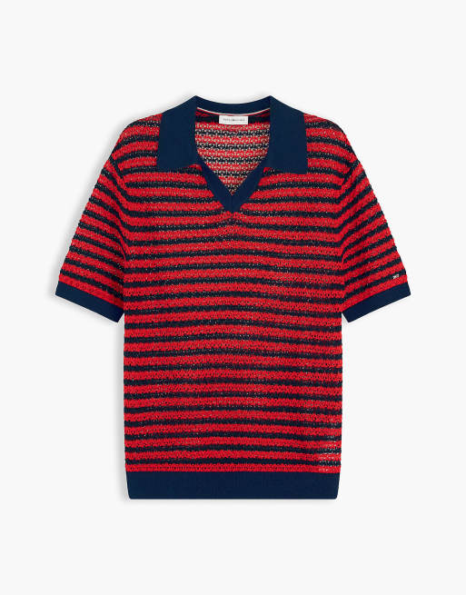 Tommy Hilfiger Pointelle relaxed short sleeve polo jumper in multi red, 5 of 6