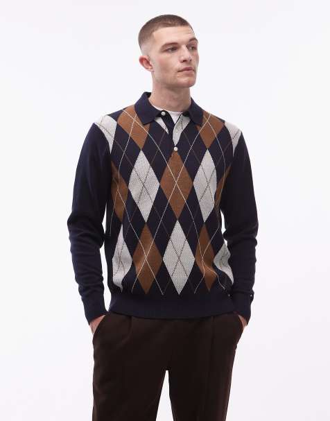 Tommy Hilfiger - Polo a maniche lunghe stile rugby con motivo a losanghe blu navy e marrone - view 1