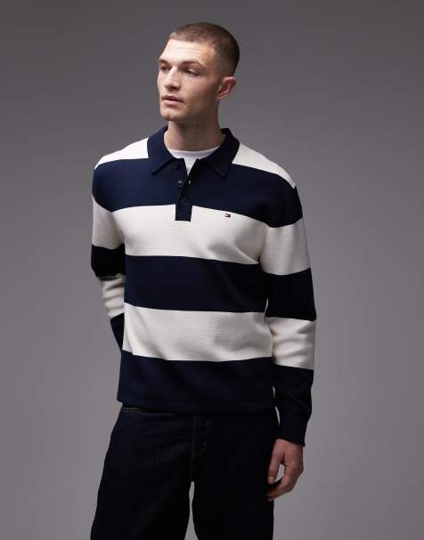 Tommy Hilfiger - Polo de rugby à rayures color block et manches longues - Bleu marine et crème - view 1