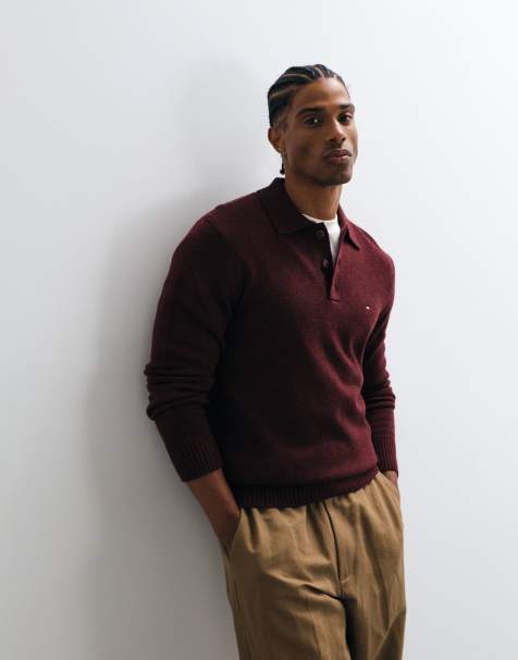Tommy Hilfiger polo en maille à manches longues en laine d’agneau bordeaux - view 1