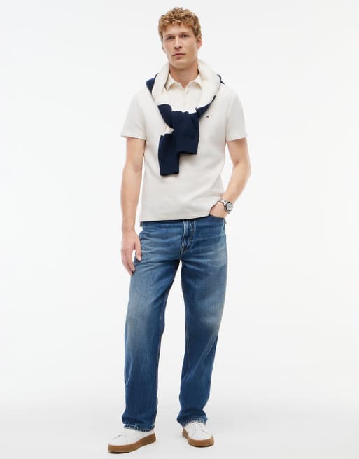 Tommy Hilfiger polo en maille gaufrée coupe regular couleur pétale ivoire, 2 de 6