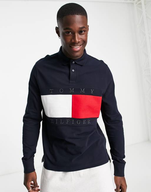 Polo manches longues Tommy hilfiger Herringbone en coton piqué à rayures  blanches, bleu marine et rouges | Rue Des Hommes