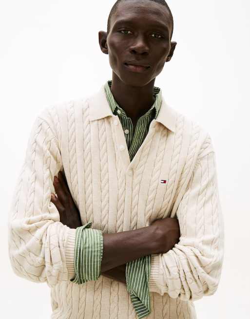 Tommy Hilfiger – Polo-Pullover in Beige mit Zopfmuster